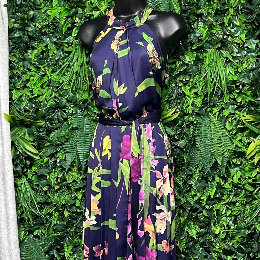 Karen Millen Atelier Pants Jumpsuit 8 Navy Purple Floral Halter Wide Leg 4055 - Picture 9 of 9